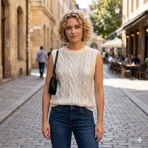 Dear John Sleeveless Cable Knit L Sweater Crew Neck Ivory Silver Shimmer NWT